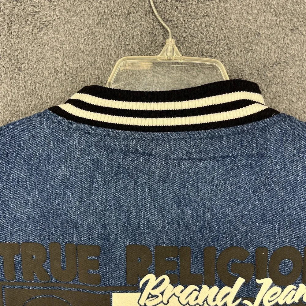 True Religion Mens Varsity Jacket Blue Denim White Sleeve Buddha Logo Size Large